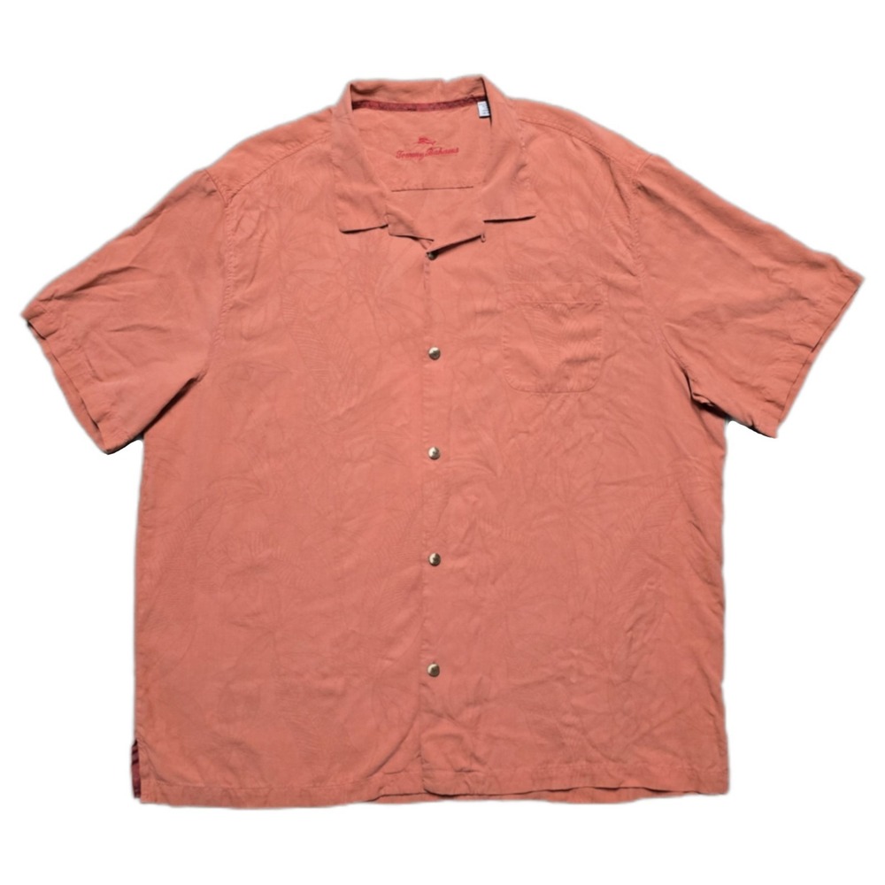 Tommy Bahama Hawaiian Camp Shirt Mens 3XL Peach Silk Pocket Floral Textured